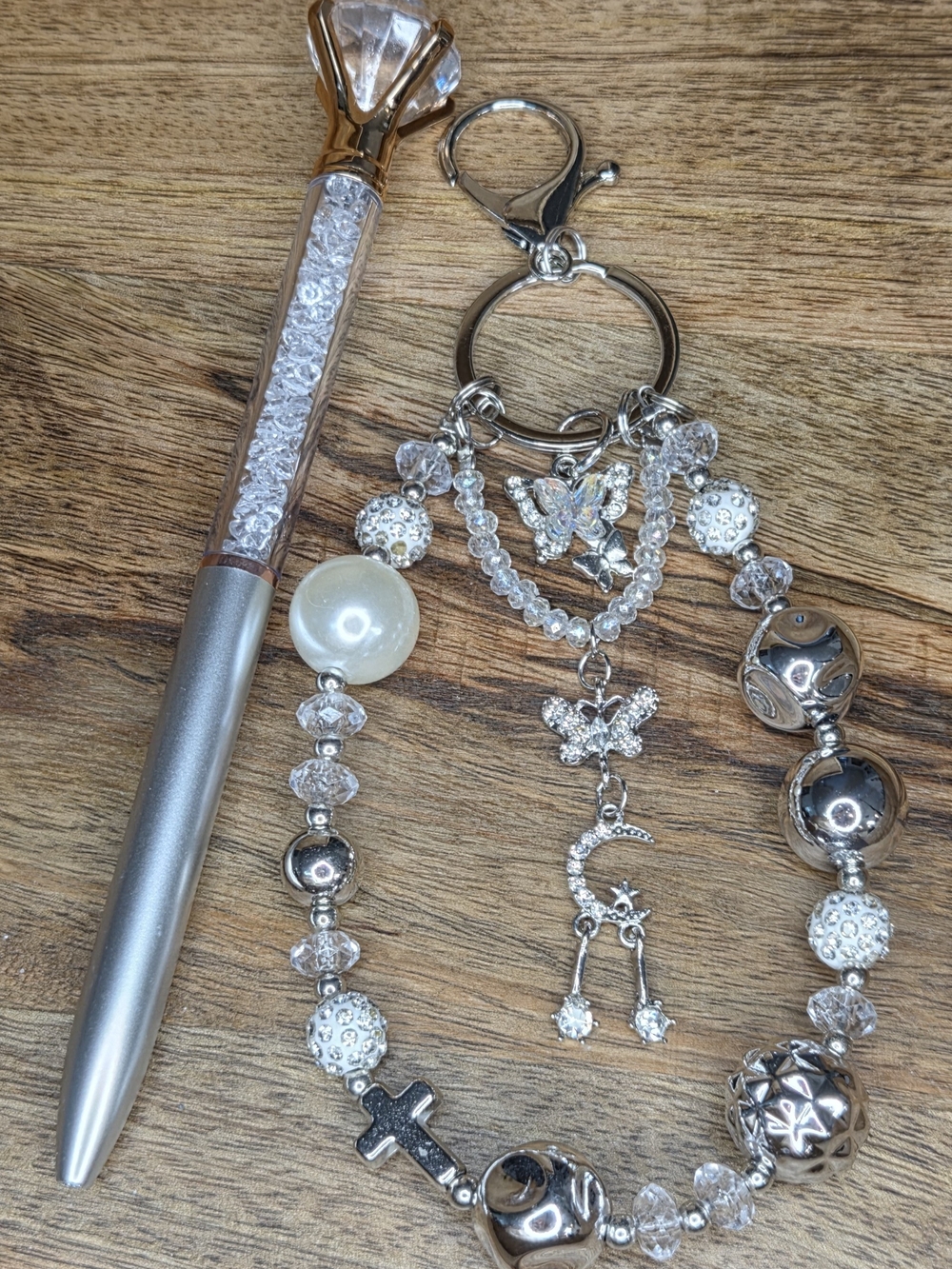 Silver & Clear Crystal Butterfly Charm Keychain with Beaded Accents & Bling Pen!